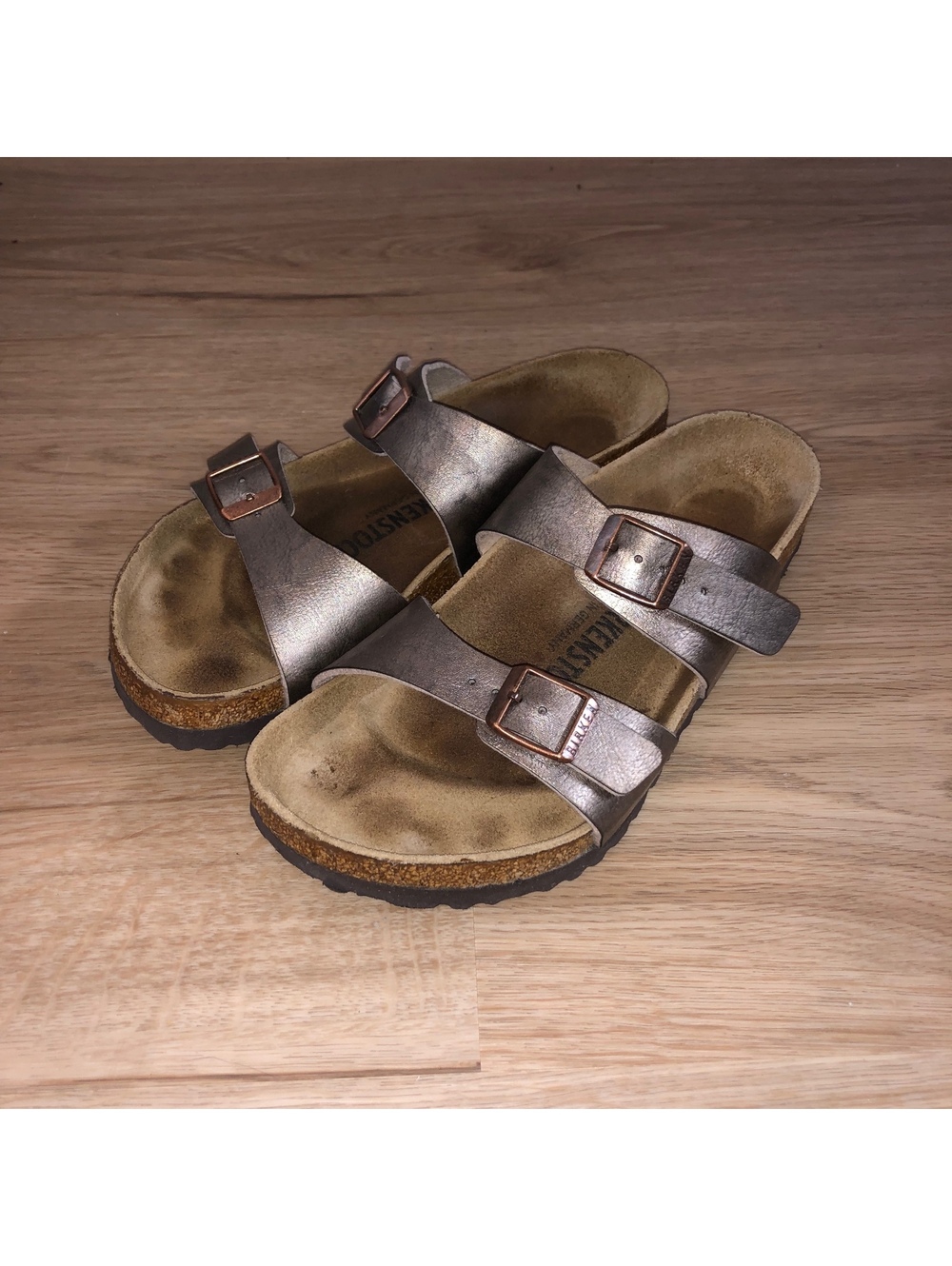 BIRKENSTOCK SYDNEY SLIDE SANDALS METALLIC TAUPE BIRKO FLOR COPPER WOMENS 37 US 6